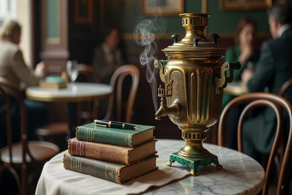 Samovar et livres russes dans un café parisien
