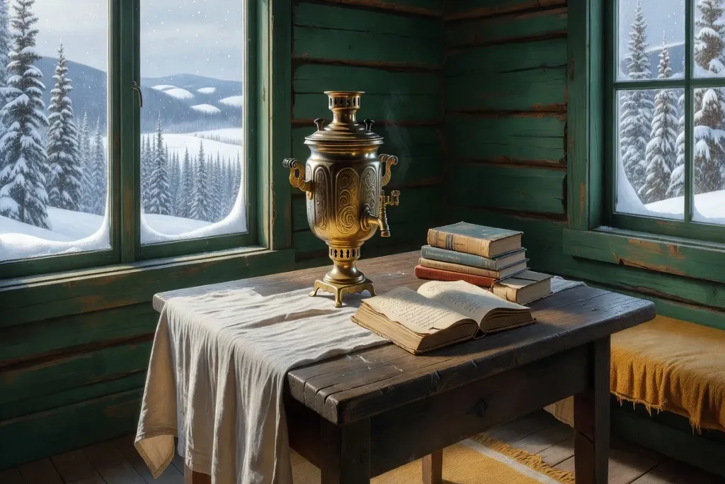 Intérieur québécois avec samovar et livres russes