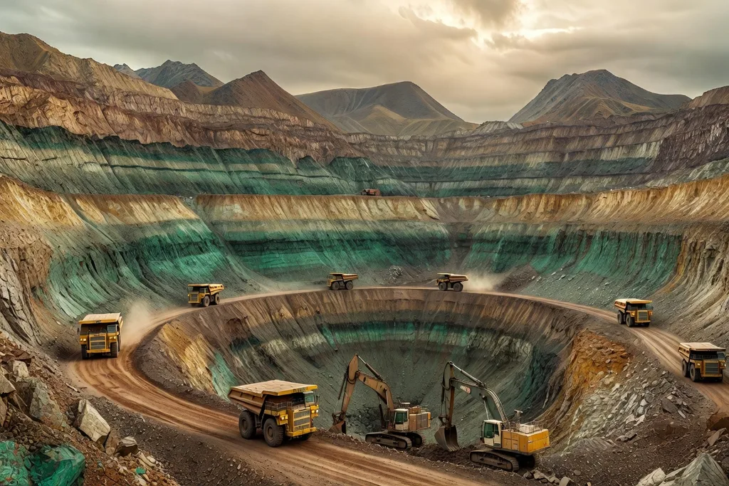 Mine à ciel ouvert de fer dans l'Oural, camions et engins d'extraction sur un front de taille rocheux
