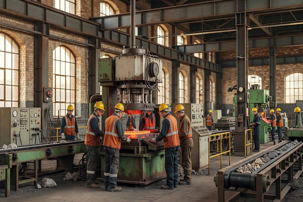Salle de contrôle industrielle moderne dans un complexe métallurgique de l'Oural, techniciens inspectant les équipements