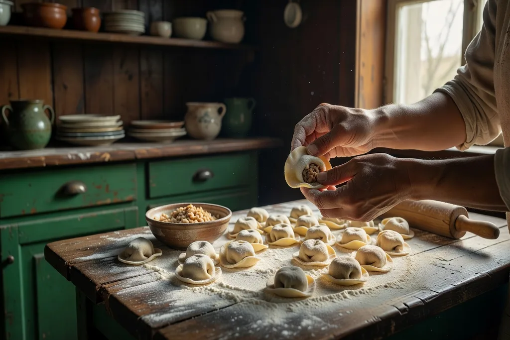 Préparation de pelmeni, raviolis russes traditionnels, sur une table en bois farinée
