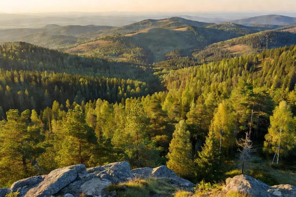 Paysage montagneux des monts Oural marquant la frontière entre l'Europe et l'Asie
