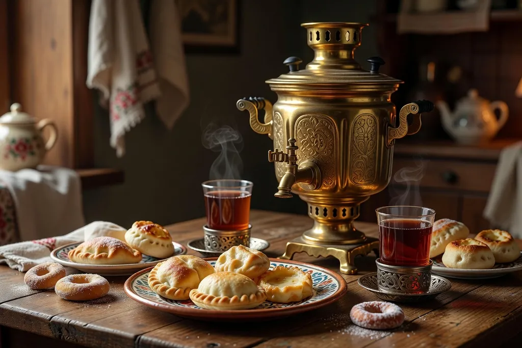 Table russe traditionnelle avec blinis, thé et zakouski