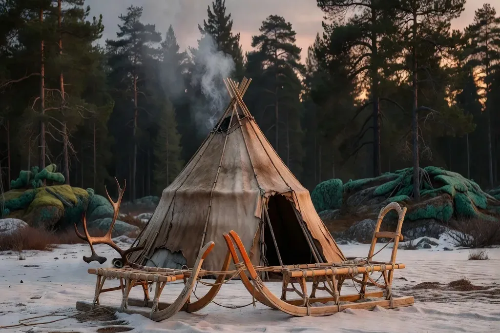 Campement mansi au crépuscule dans la taïga
