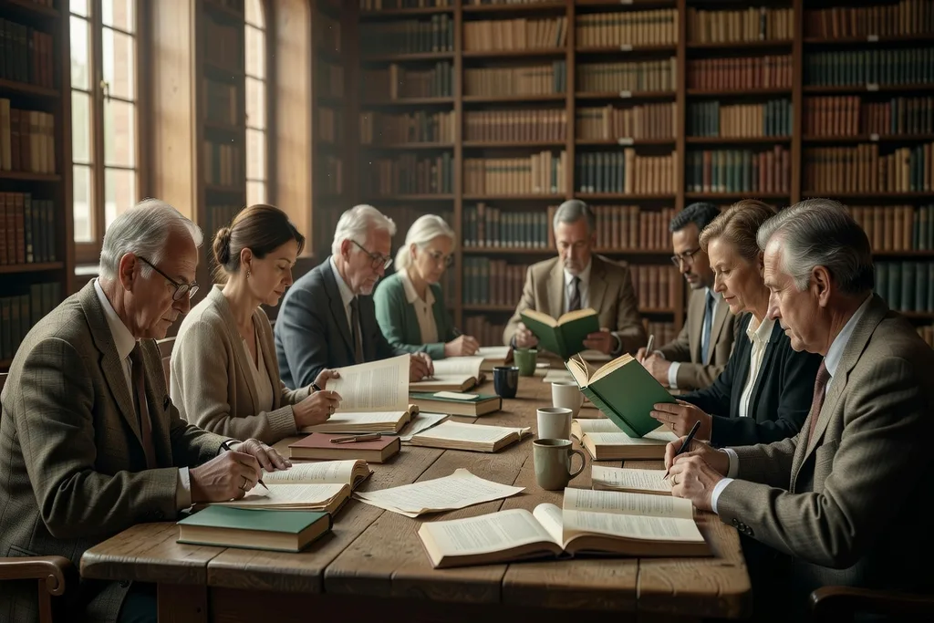 Table de délibération du jury du Prix Russophonie, membres examinant des manuscrits et livres traduits