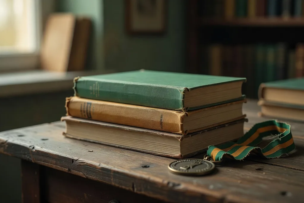 Livres de littérature russe traduite empilés sur une table en bois, médaille du prix à proximité