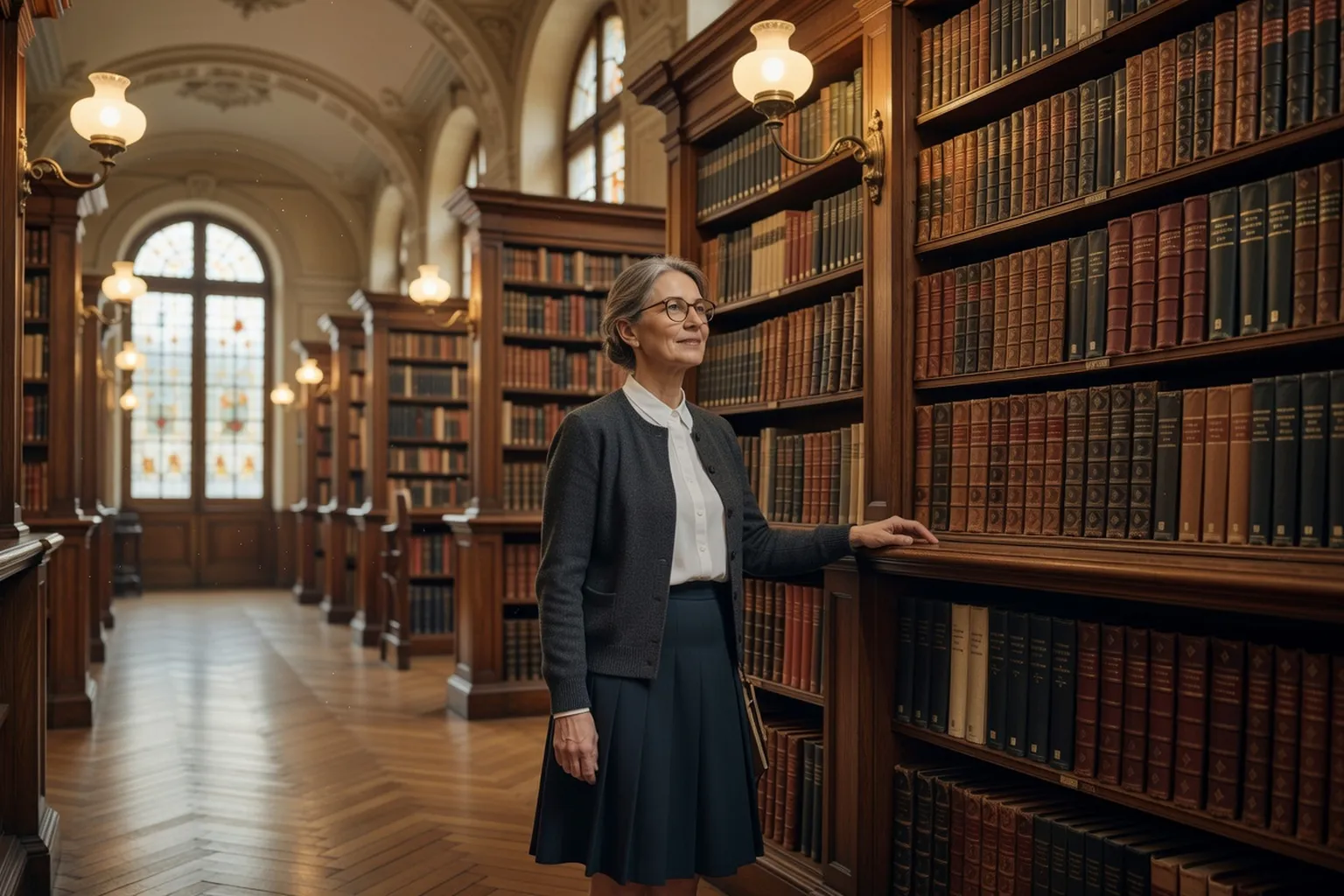 Conservatrice dans la salle de lecture d'une bibliothèque russe à Paris, entourée de manuscrits anciens.