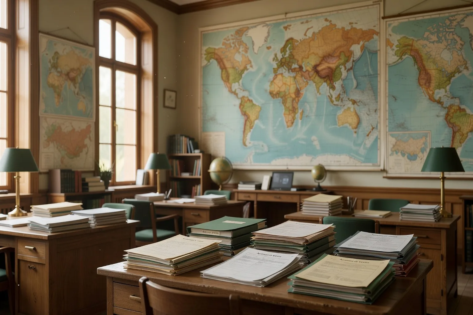 Chargé de mission en coopération universitaire franco-russe dans un bureau, entouré de dossiers et de cartes de l'Oural.