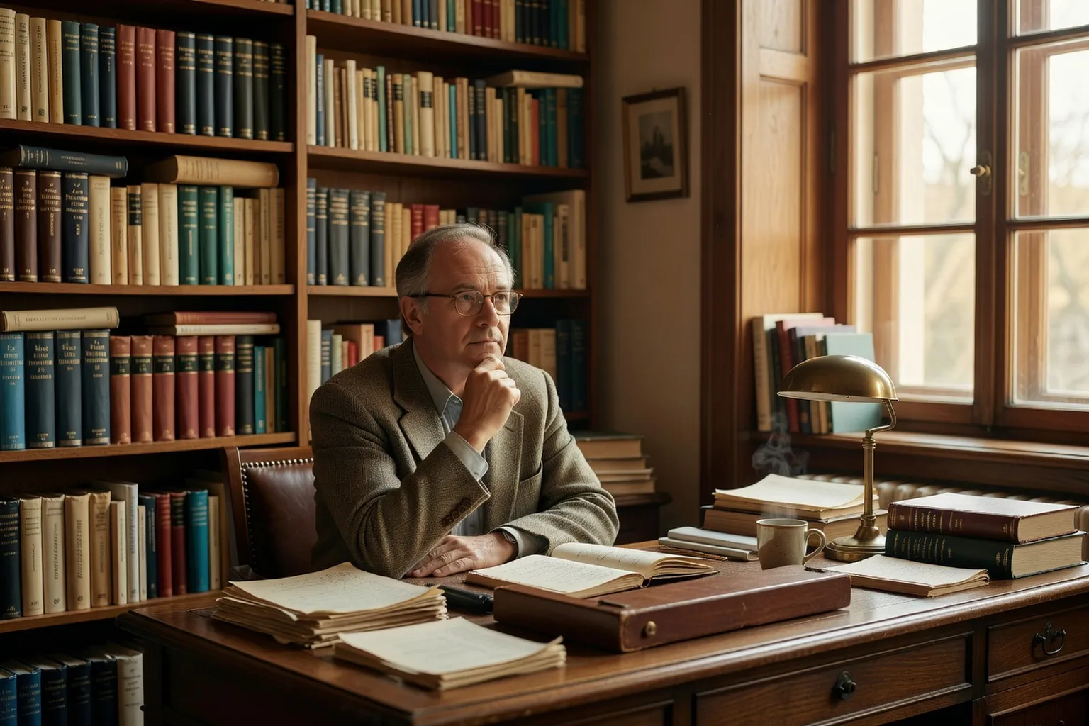 Universitaire française dans son bureau, entourée de cartes et d'ouvrages sur la coopération franco-russe.