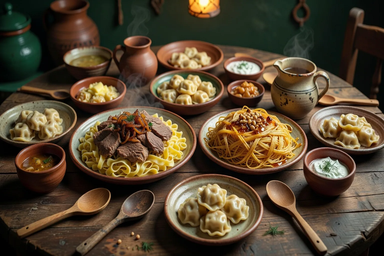 Table garnie de plats traditionnels bachkirs et tatars de l'Oural, ambiance chaleureuse et authentique