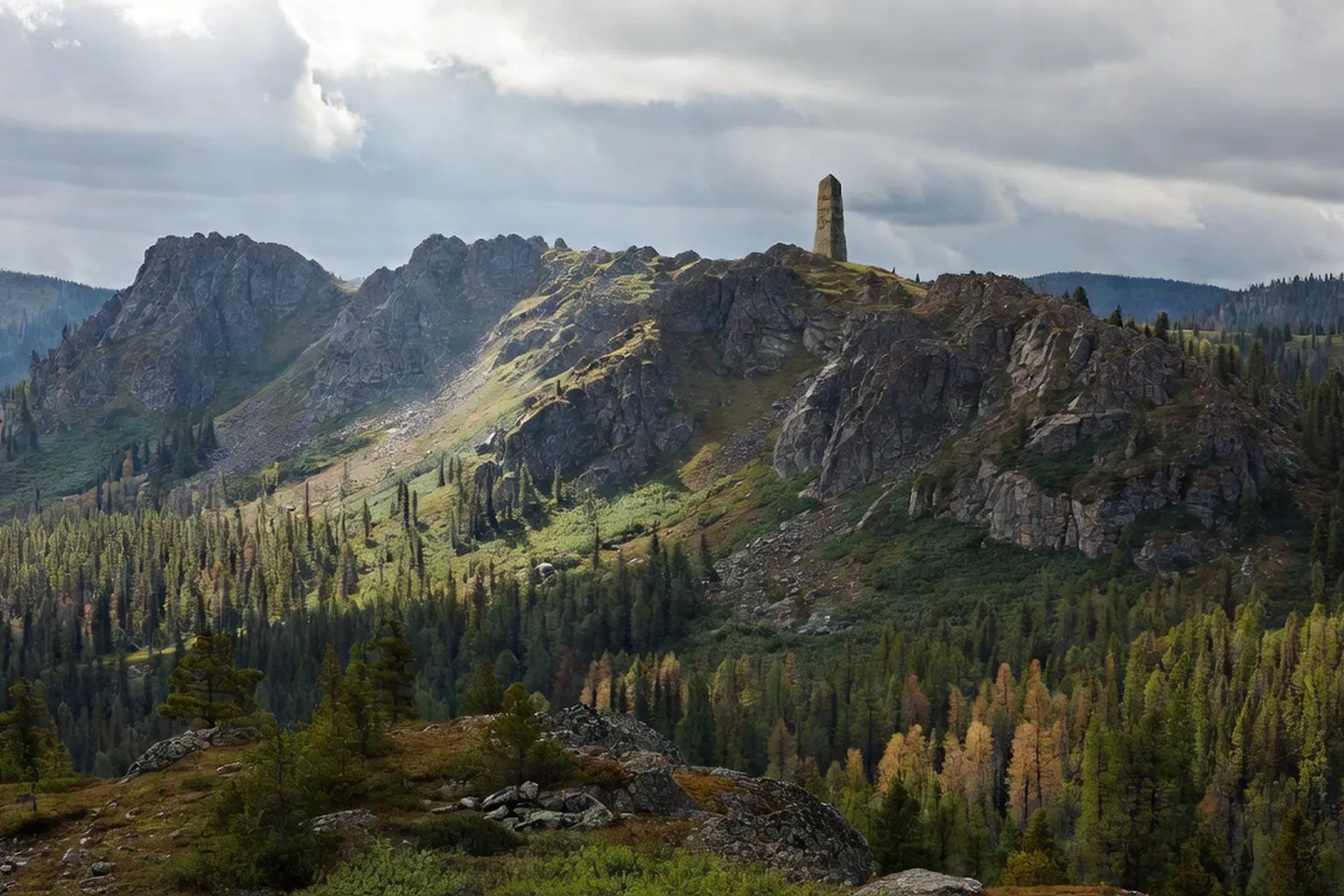 Paysage montagneux de la chaîne de l'Oural marquant la frontière entre l'Europe et l'Asie