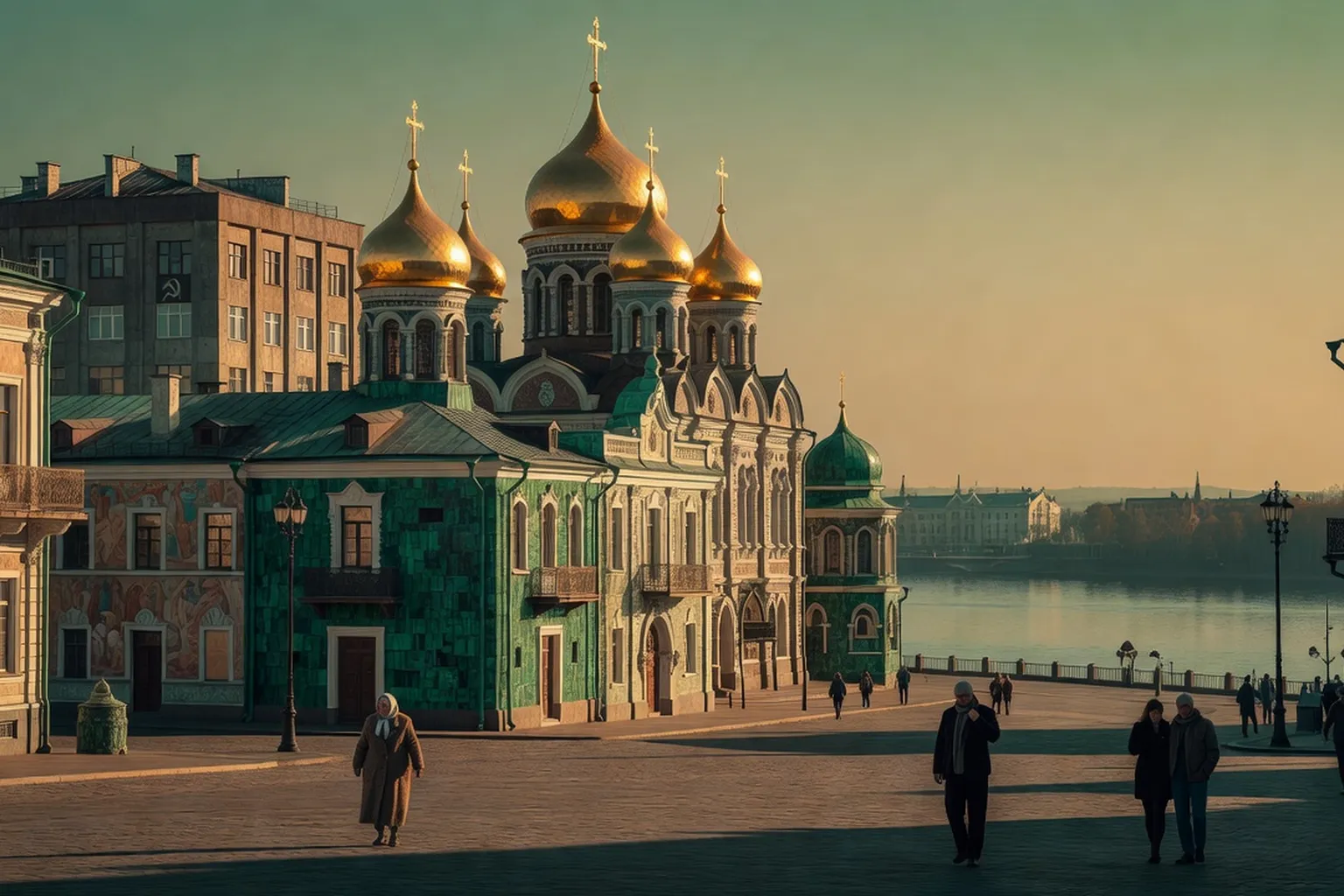 Собор на Крови, освещённый в сумерках, отражение в пруду Екатеринбурга