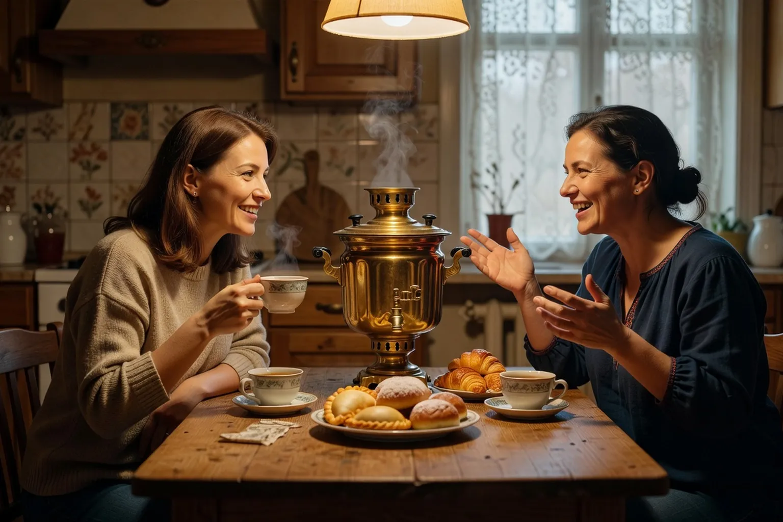 Table russe conviviale avec samovar, blinis et objets du quotidien évoquant la culture russe.
